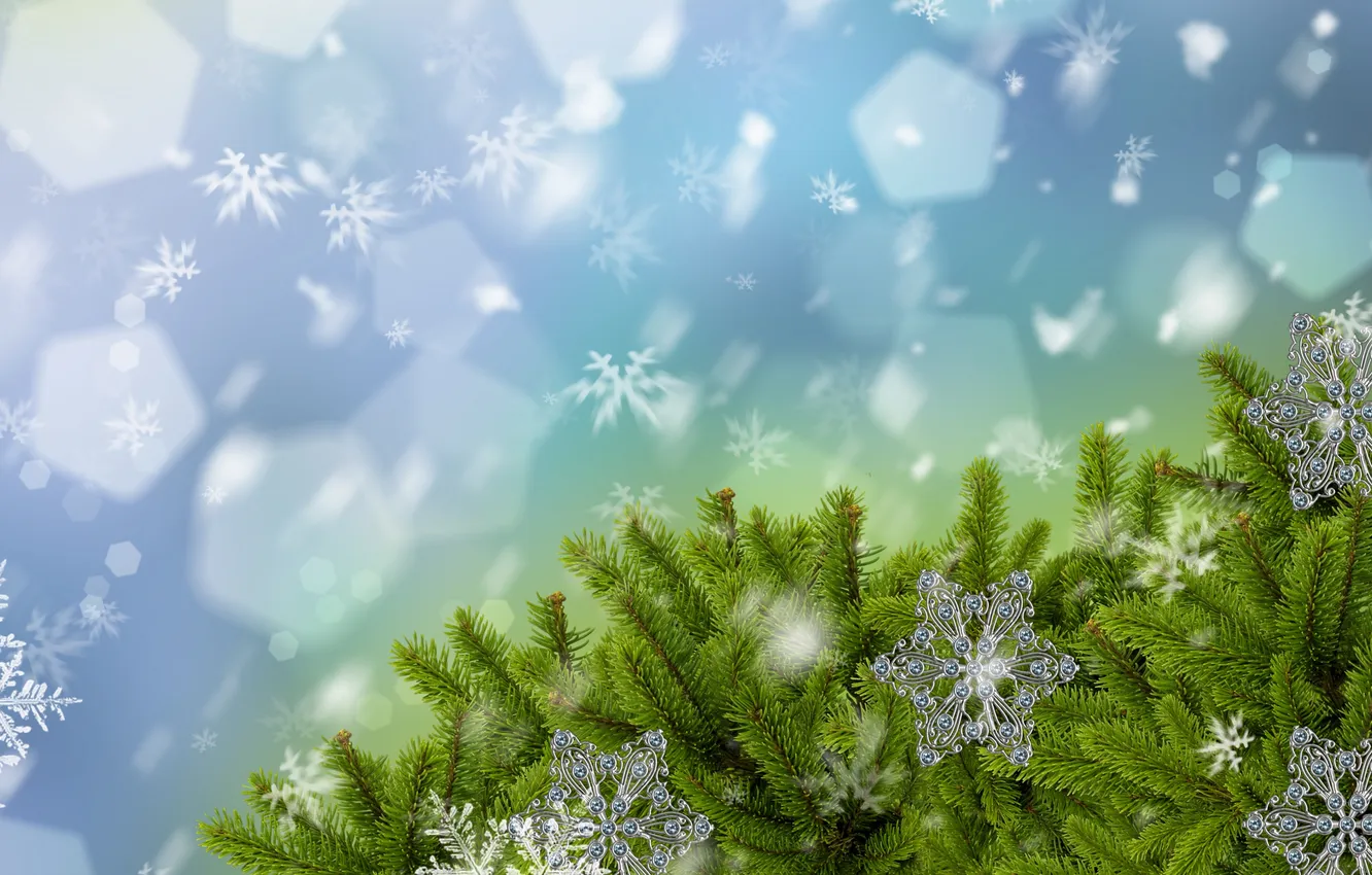 Photo wallpaper snow, decoration, snowflakes, needles, tree