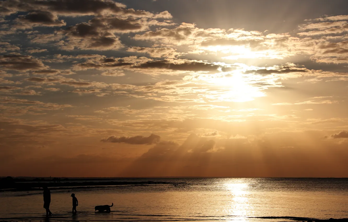 Photo wallpaper sea, the sun, clouds, rays, sunset, silhouette, walk