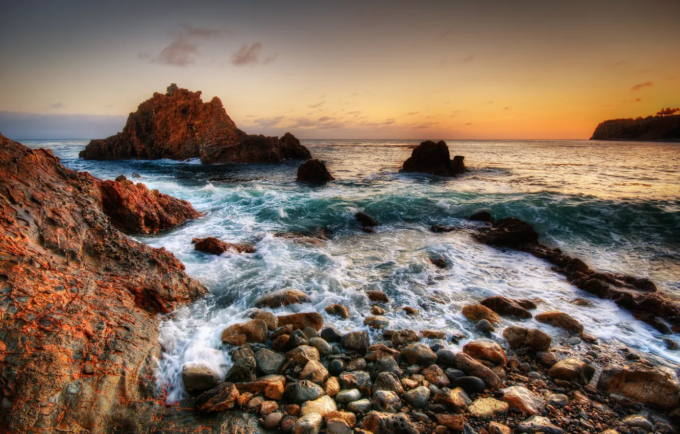 Photo wallpaper sea, sunset, nature, stones, rocks