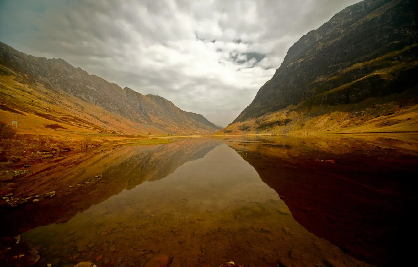 Photo wallpaper the sky, mountains, hills, beauty, valley, water surface, Scotland