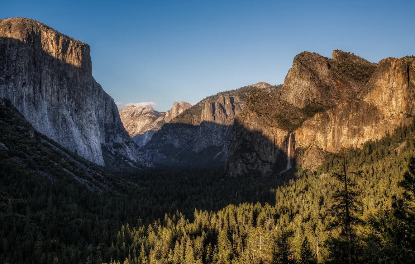 Photo wallpaper forest, mountains, rocks, waterfall, valley, California, Yosemite national Park, Yosemite National Park