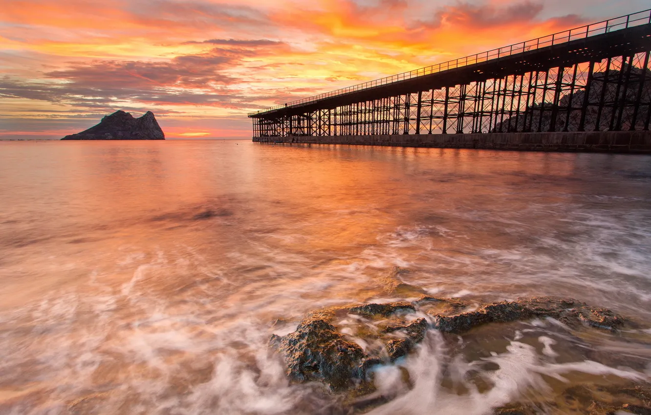 Photo wallpaper sea, sunset, bridge