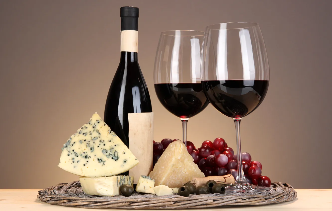 Photo wallpaper wine, glass, bottle, cheese, grapes, olives, corkscrew