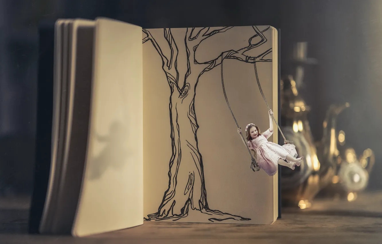 Photo wallpaper swing, girl, book