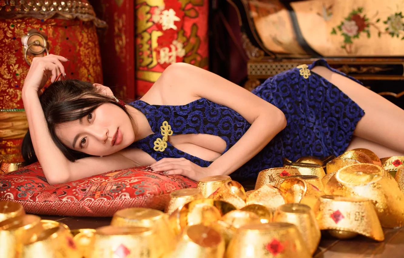 Photo wallpaper look, girl, dress, lies, Asian