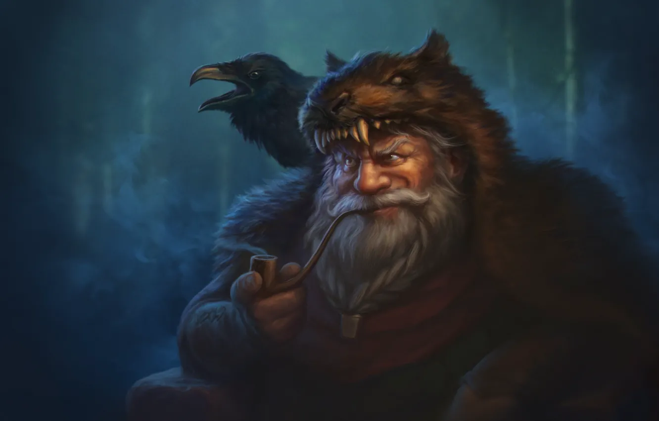 Photo wallpaper look, bird, tube, art, skin, beard, Raven, dwarf