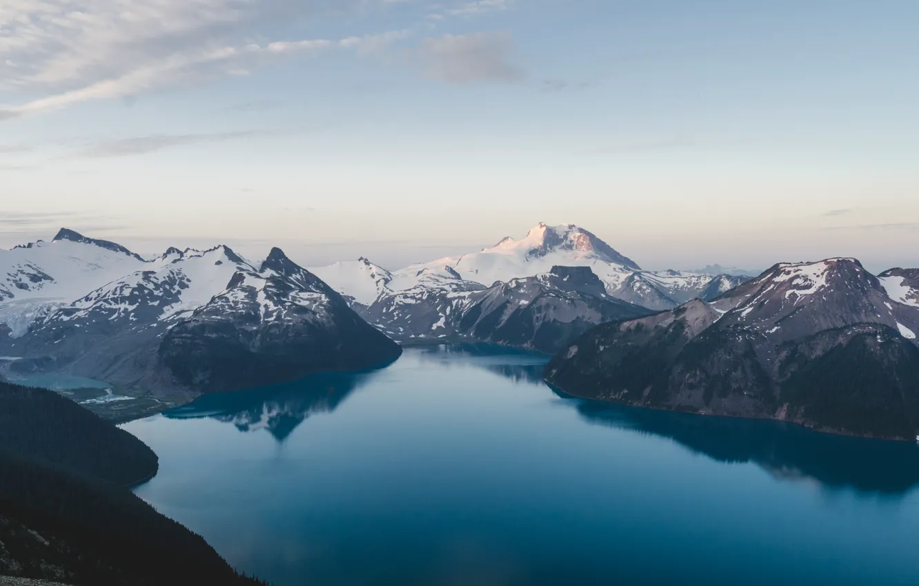 Photo wallpaper forest, the sky, snow, mountains, lake, vegetation, tops, dal
