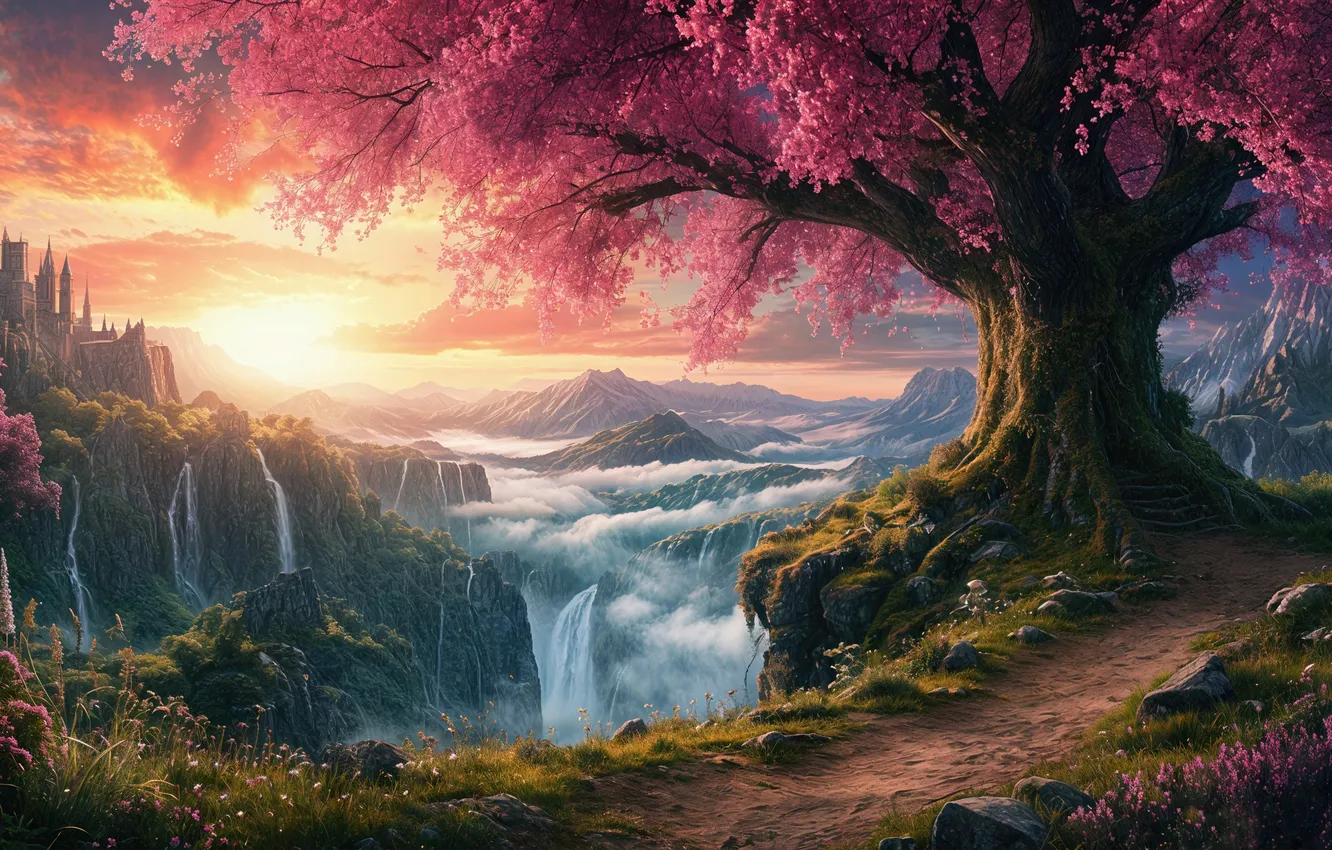 Photo wallpaper trees, waterfall, AI art, neural network