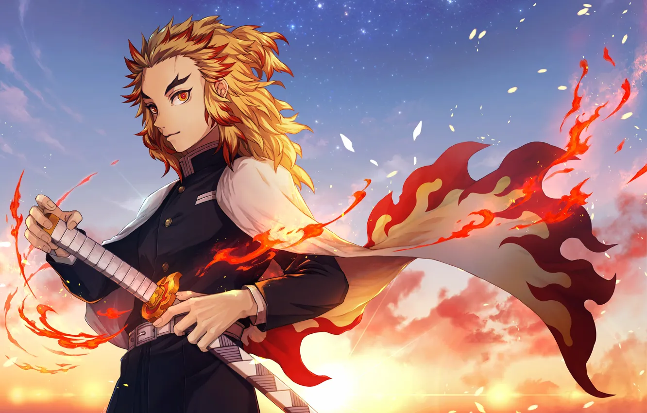 Photo wallpaper sunset, fire, guy, Kimetsu no Yaiba, Kyoujurou Rengoku