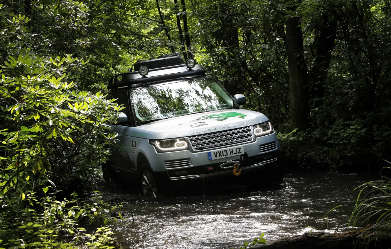 Photo wallpaper Land Rover, Range Rover, Wood, Hybrid, Off road, Land Rover Range Rover Hybrid 2015