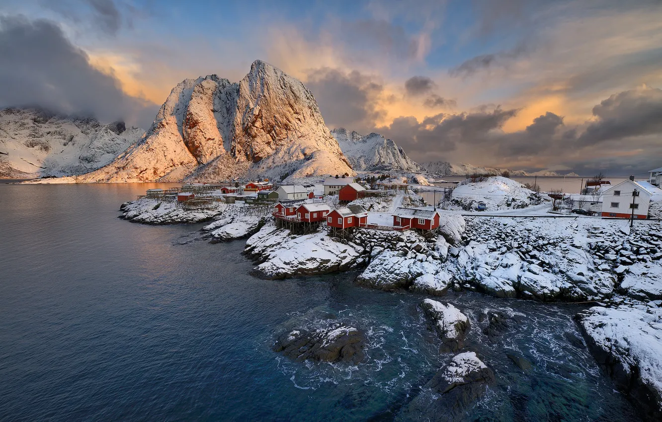 Photo wallpaper winter, the sky, clouds, light, snow, mountains, red, stones