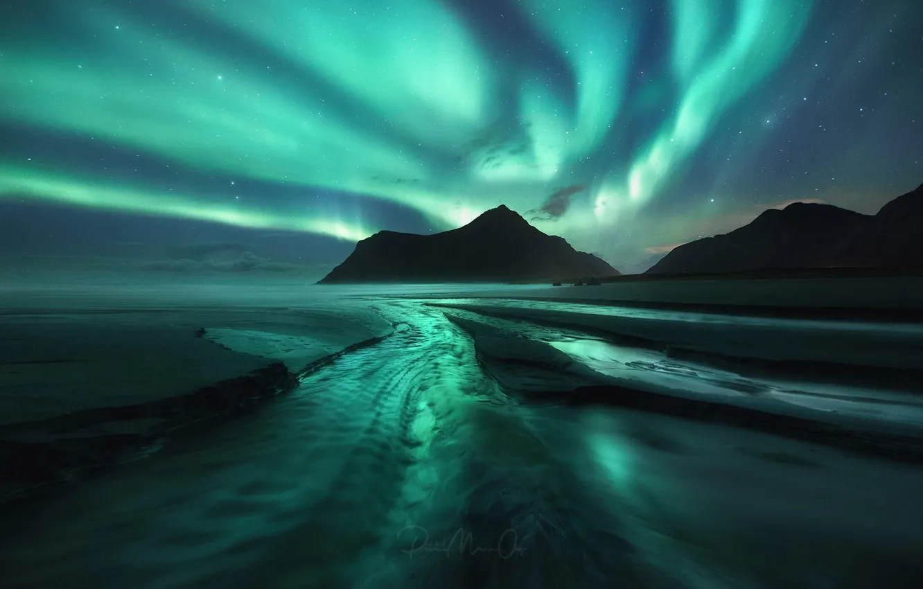 Photo wallpaper sea, beach, the sky, stars, mountains, night, Northern lights