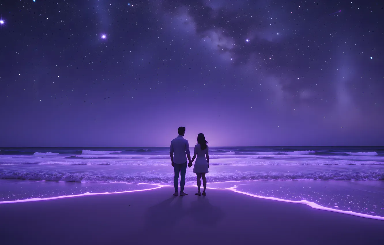 Photo wallpaper the milky way, neural network, surf, AI art, guy, purple background, shore, lovers