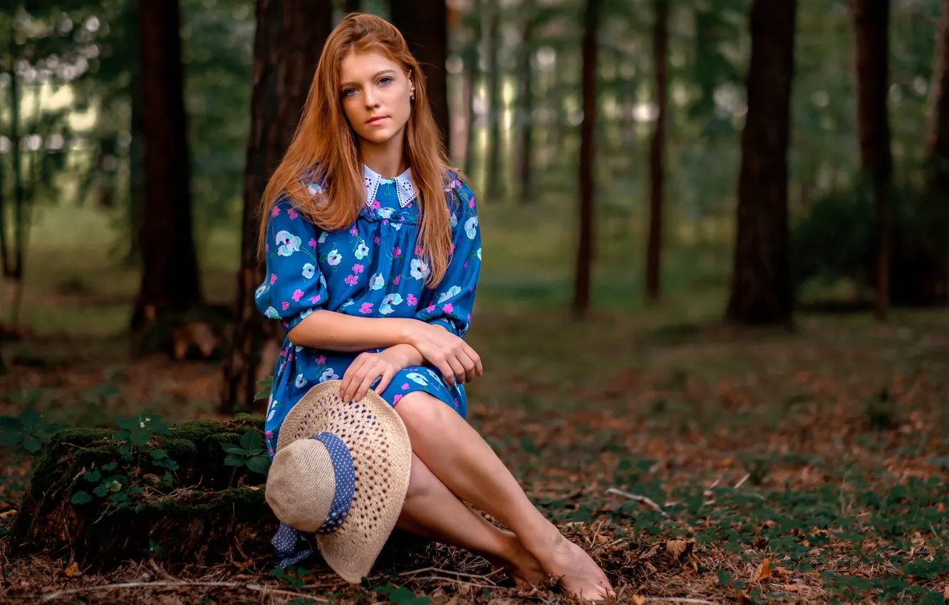 Photo wallpaper forest, dress, hat, the beauty, redhead