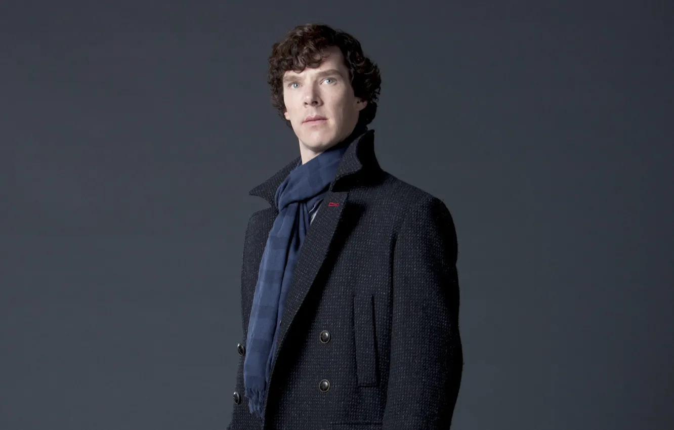Photo wallpaper actor, grey background, Sherlock Holmes, coat, characters, Benedict Cumberbatch, Benedict Cumberbatch, Sherlock