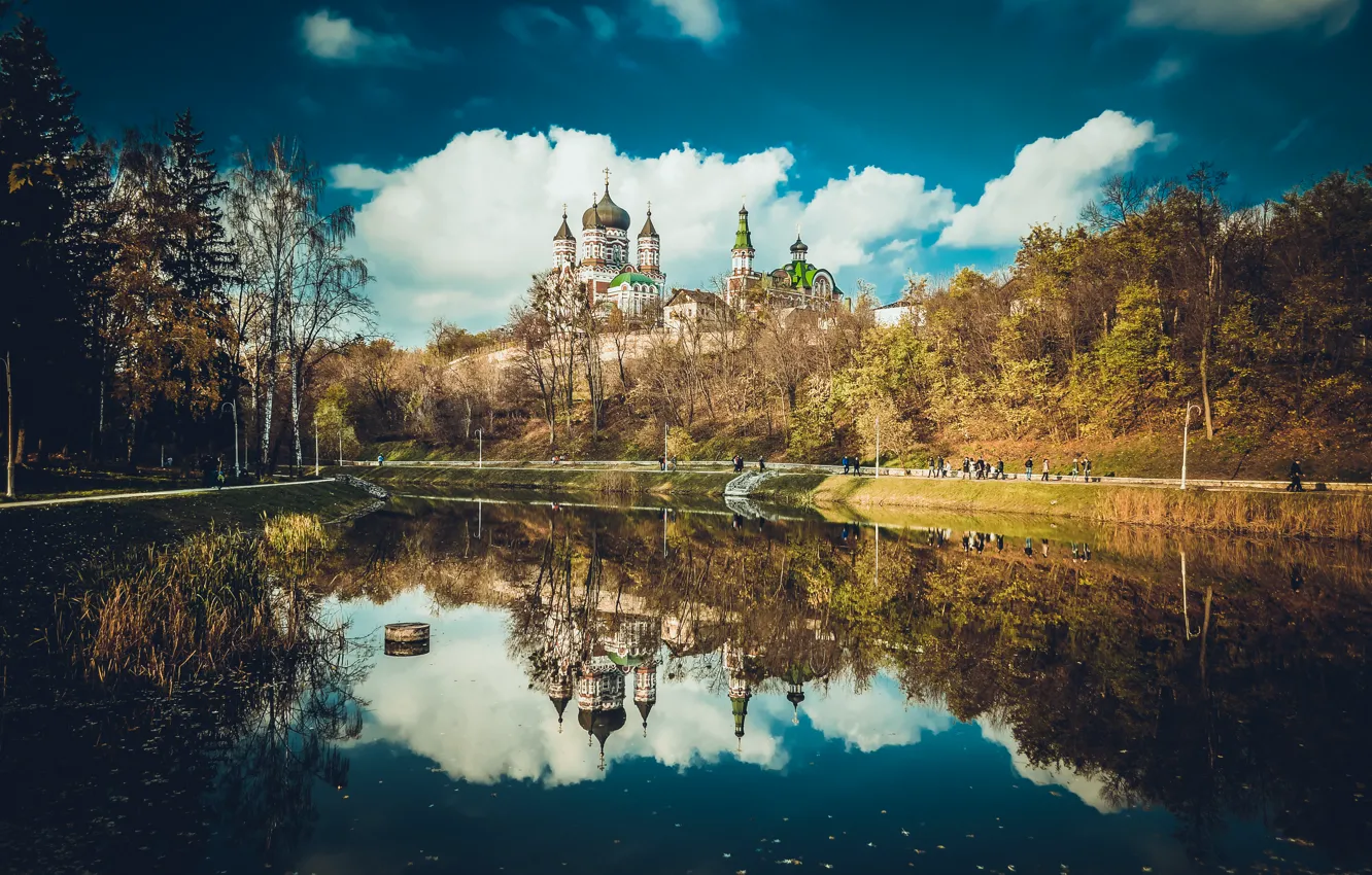 Photo wallpaper blue, Park, reflection, Church, Cathedral, Kiev, Feofania
