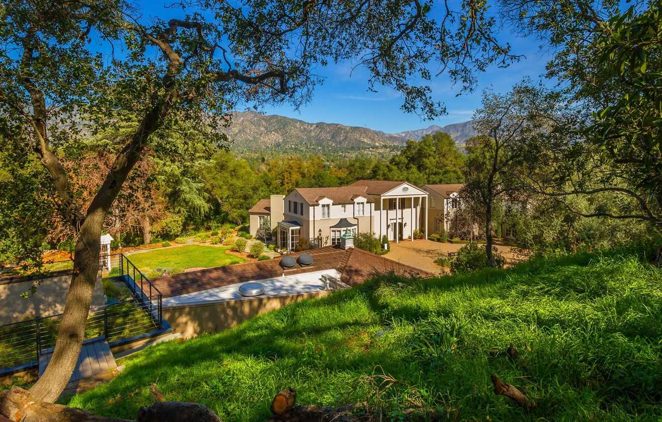 Photo wallpaper greens, grass, the sun, trees, mountains, home, garden, valley