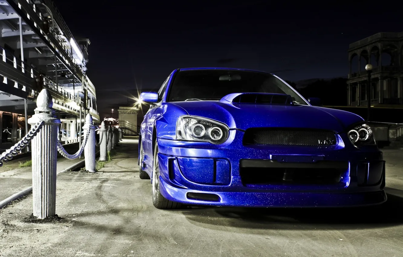 Photo wallpaper machine, auto, pier, sedan, subaru, blue, wrx, impreza