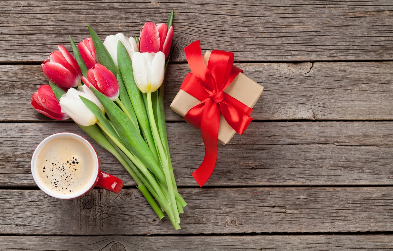 Photo wallpaper flowers, gift, bouquet, tulips, red, love, white, wood