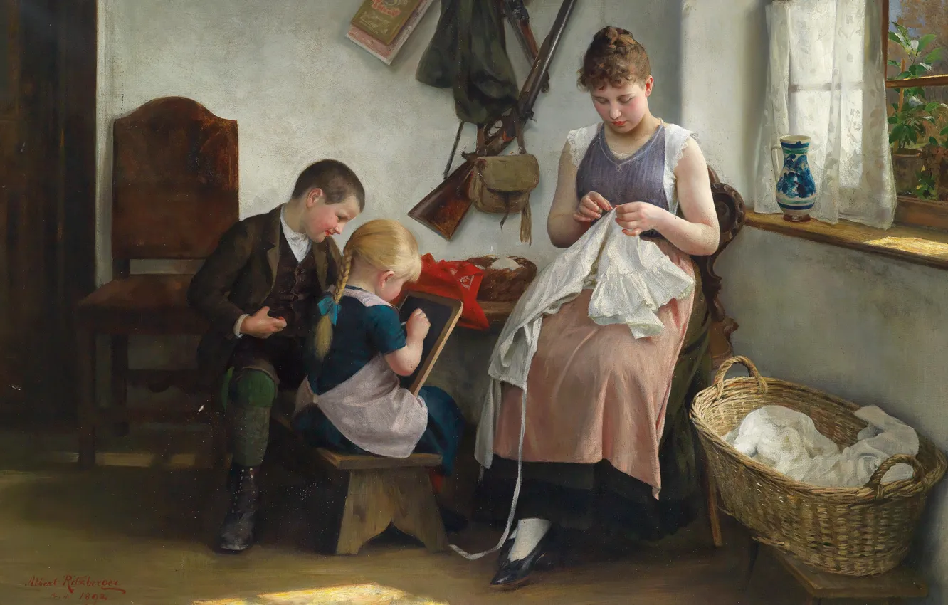 Photo wallpaper 1892, Austrian painter, Austrian painter, oil on canvas, Family idyll, Albert Ritzberger, Albert Ritzberger, Family …