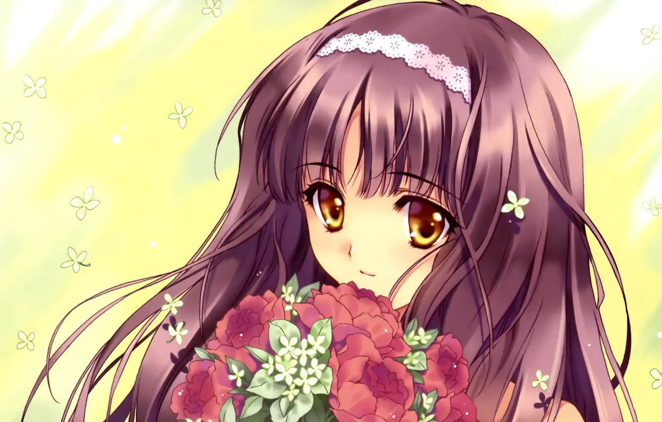 Photo wallpaper flowers, bouquet, girl, anime. art
