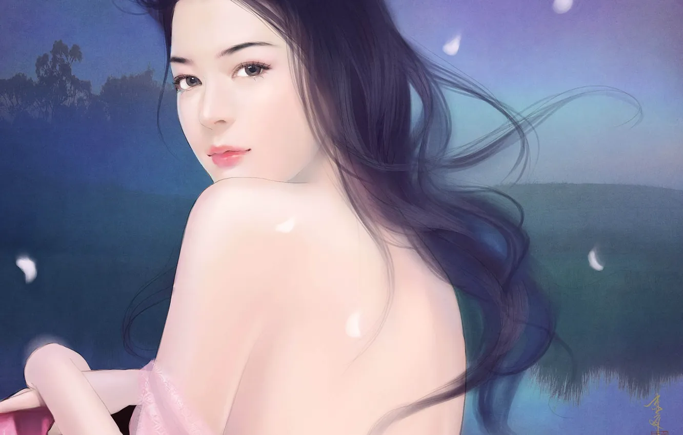 Photo wallpaper girl, hair, back, petals, art, Asian