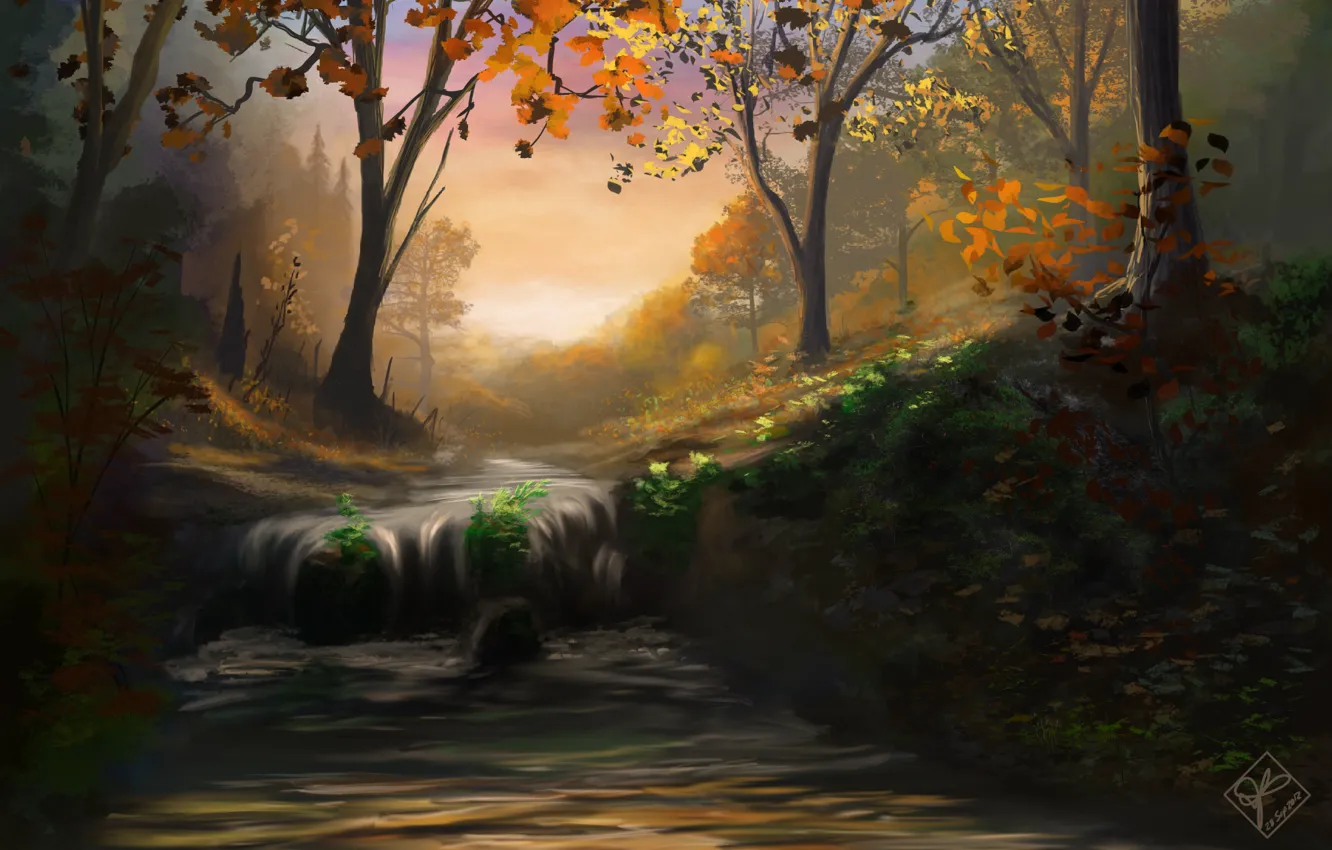 Photo wallpaper autumn, forest, leaves, trees, nature, river, waterfall, stream