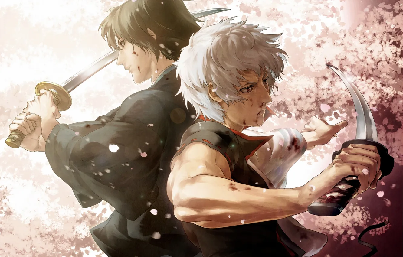 Photo wallpaper weapons, blood, katana, anime, petals, Sakura, art, guy