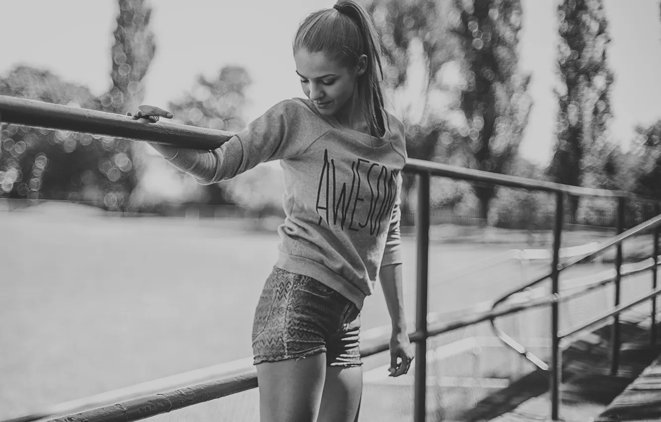 Photo wallpaper girl, shorts, black and white, bokeh