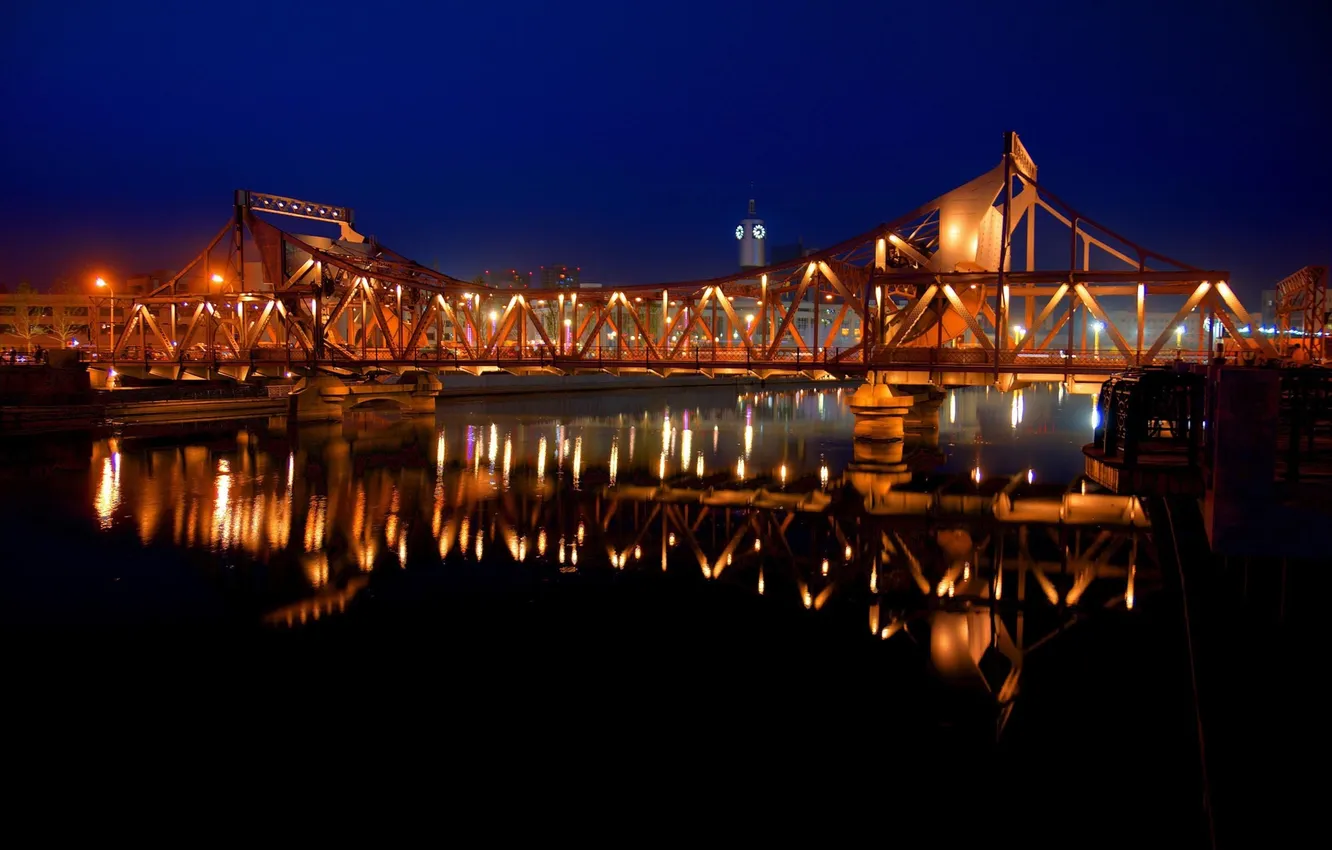 Photo wallpaper night, bridge, lights, reflection, The city
