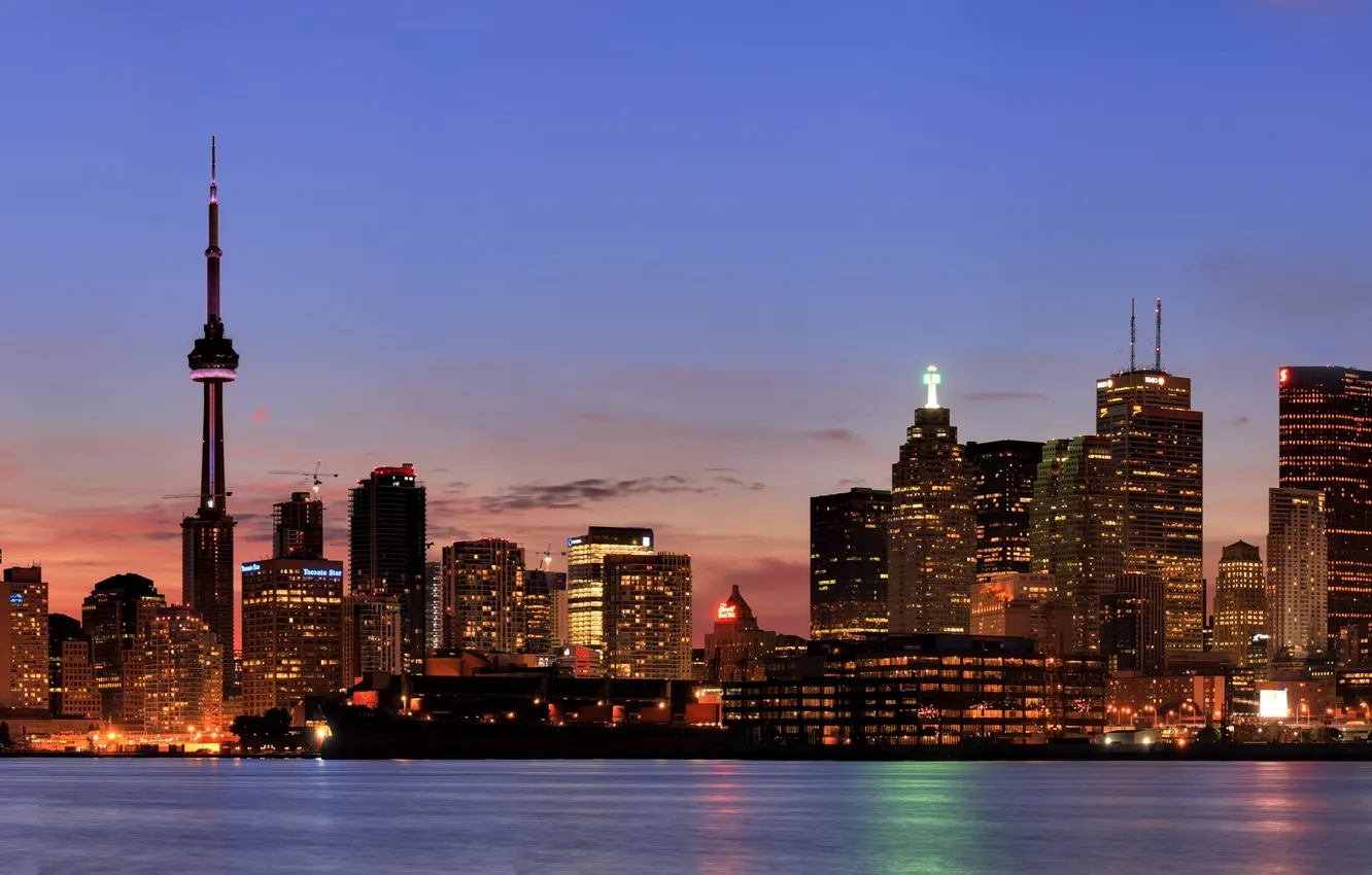 Photo wallpaper the sky, water, clouds, light, sunset, the city, lights, lake