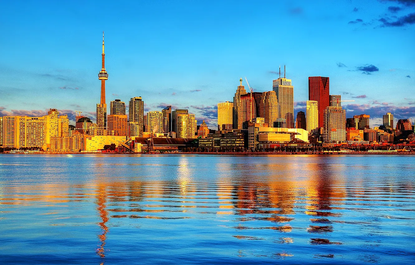 Photo wallpaper the sky, clouds, lake, tower, home, Canada, toronto