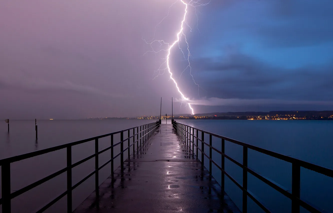 Photo wallpaper the storm, lightning, Germany, the bridge, Lake Constance, Baden-Württemberg, Constance