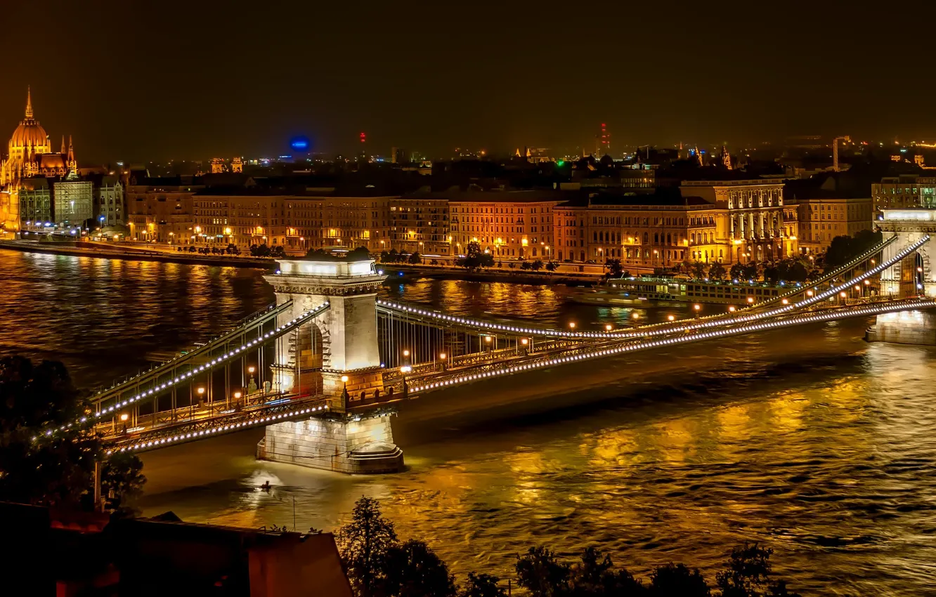 Photo wallpaper night, bridge, lights, river, home, lights, Hungary, Budapest