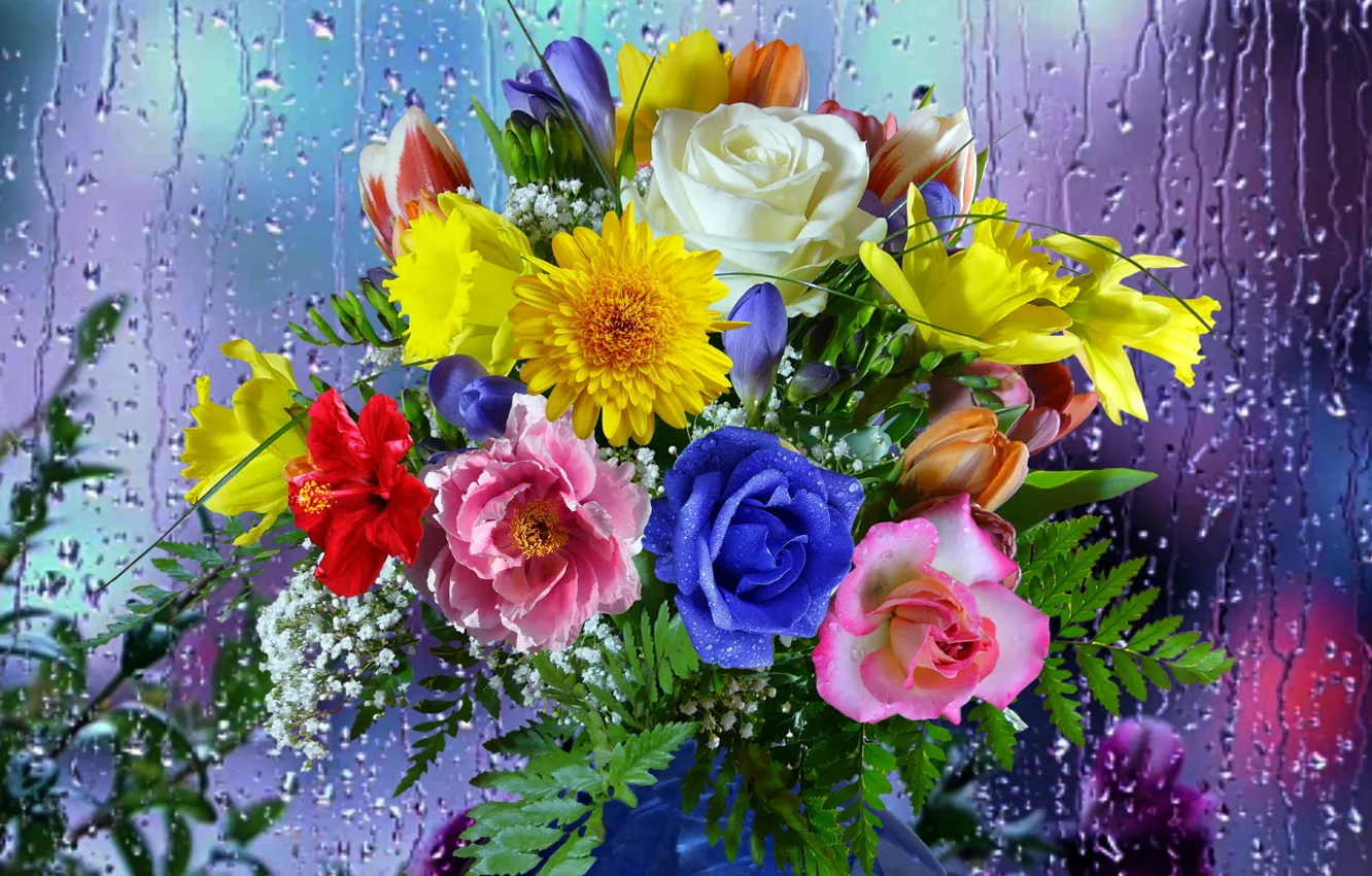 Photo wallpaper rain, gift, Bouquet