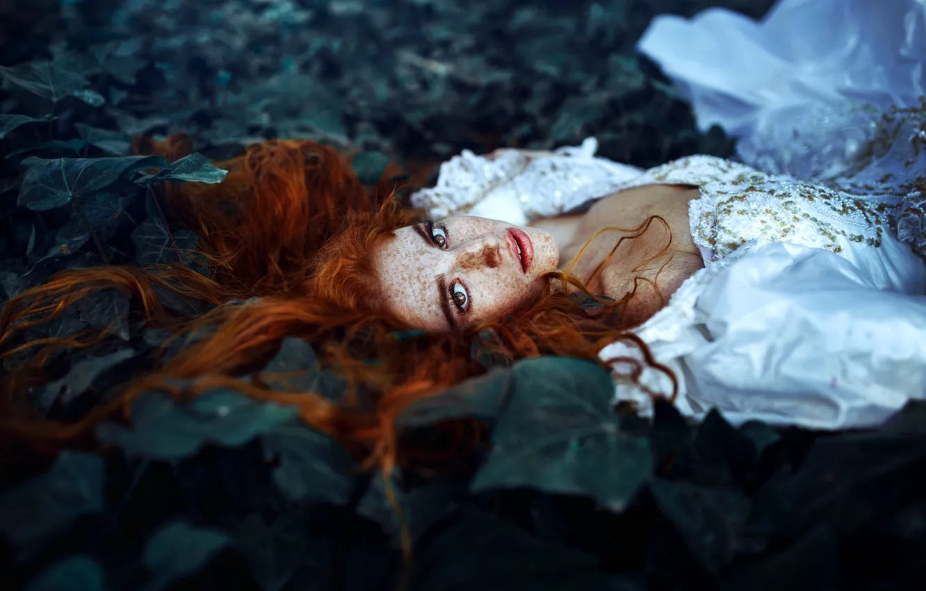 Photo wallpaper look, girl, mood, hair, dress, freckles, red, redhead