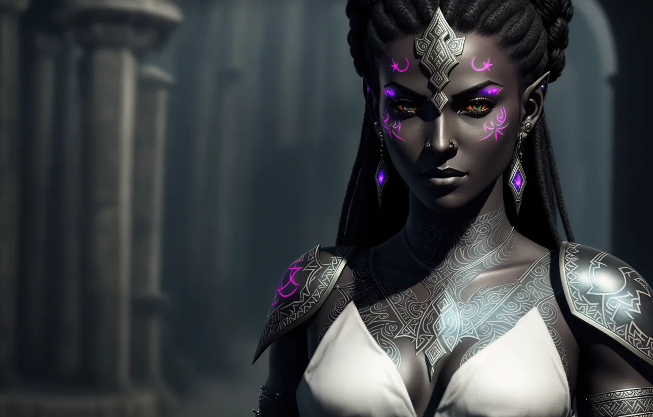 Photo wallpaper girl, fantasy, armor, art, dark elf, Stable Diffusion, amazon mage, Neuronet