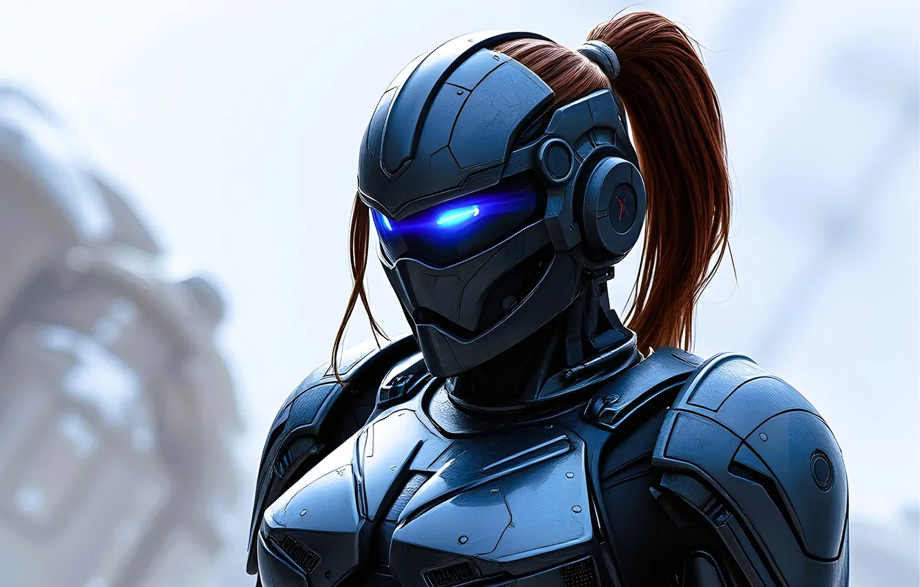 Photo wallpaper AI ART, cyborg, helmet, brown hair, hair, tail, girl, armor