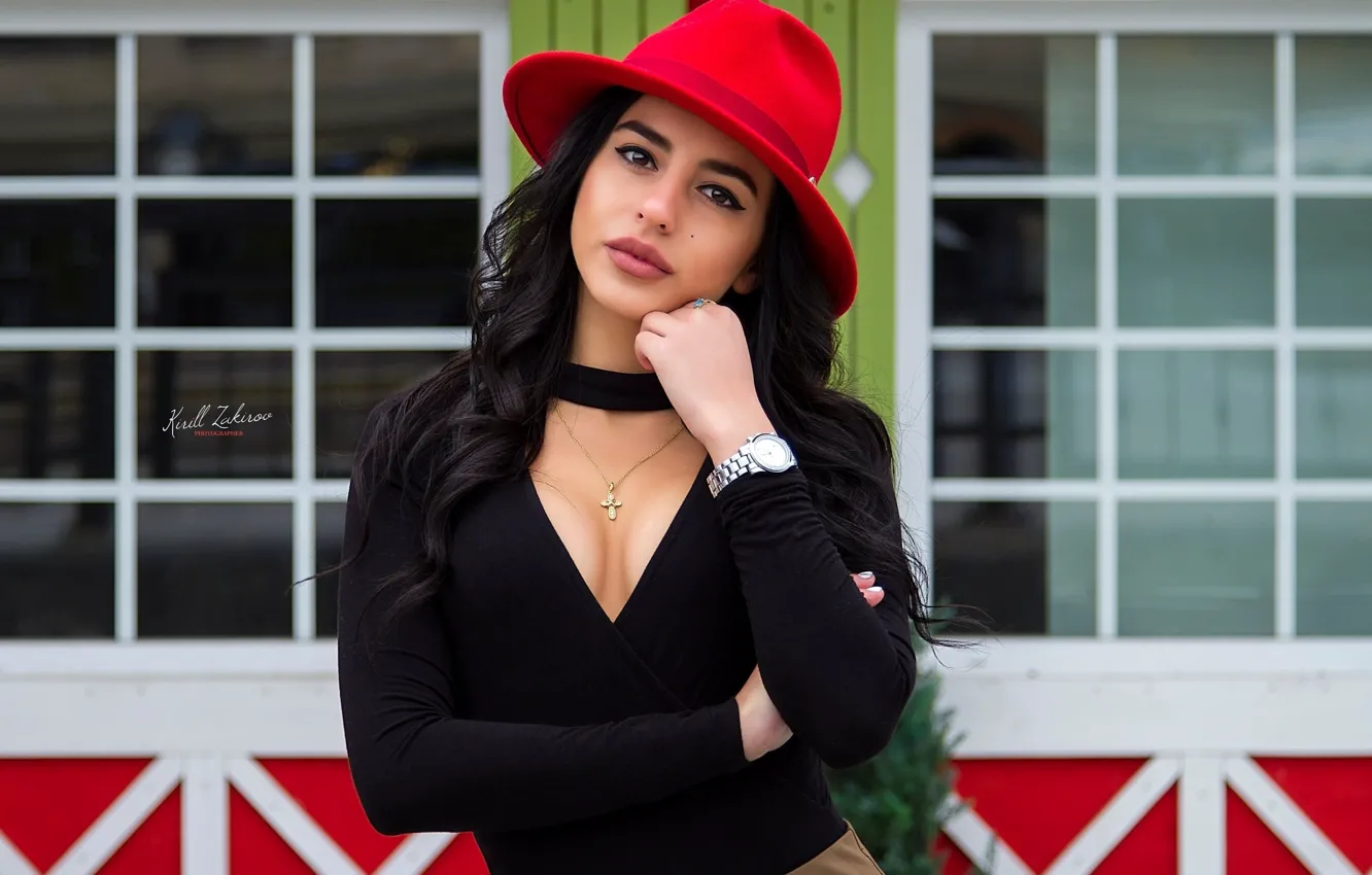 Photo wallpaper look, pose, model, portrait, hat, makeup, brunette, hairstyle