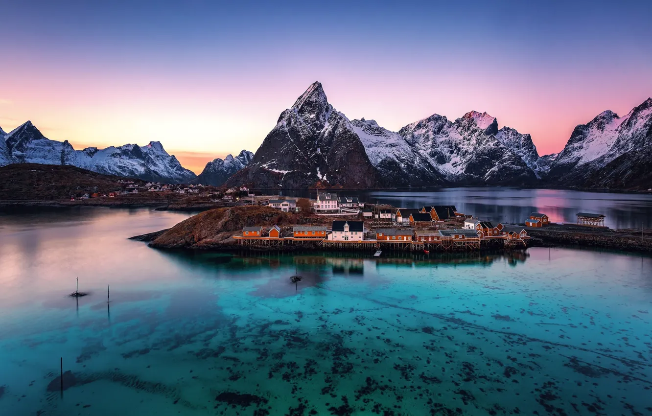 Photo wallpaper transparency, the evening, morning, Norway, town, the village, the fjord, The Lofoten Islands