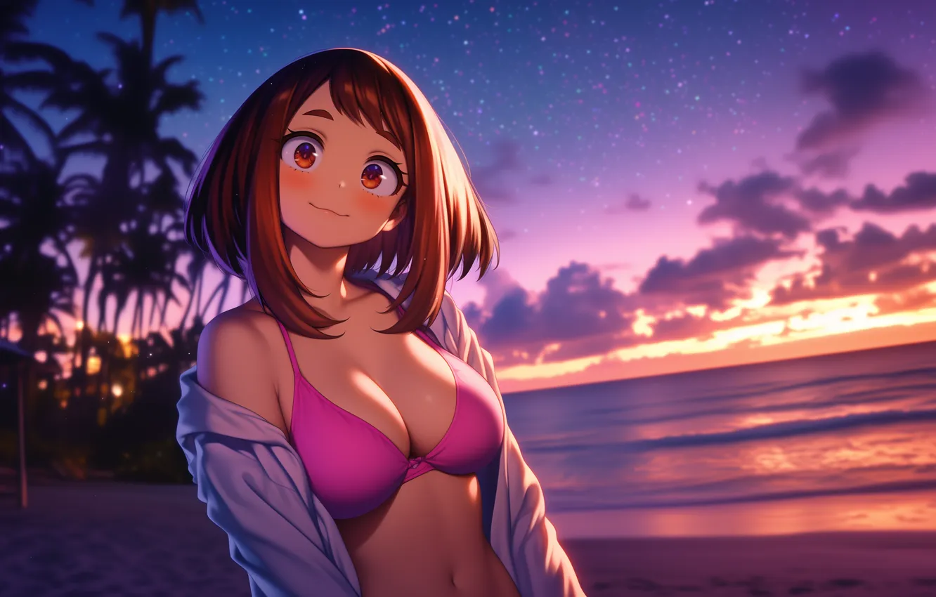 Photo wallpaper swimsuit, night, palm trees, anime, art, wallpaper, jacket, My hero Academy