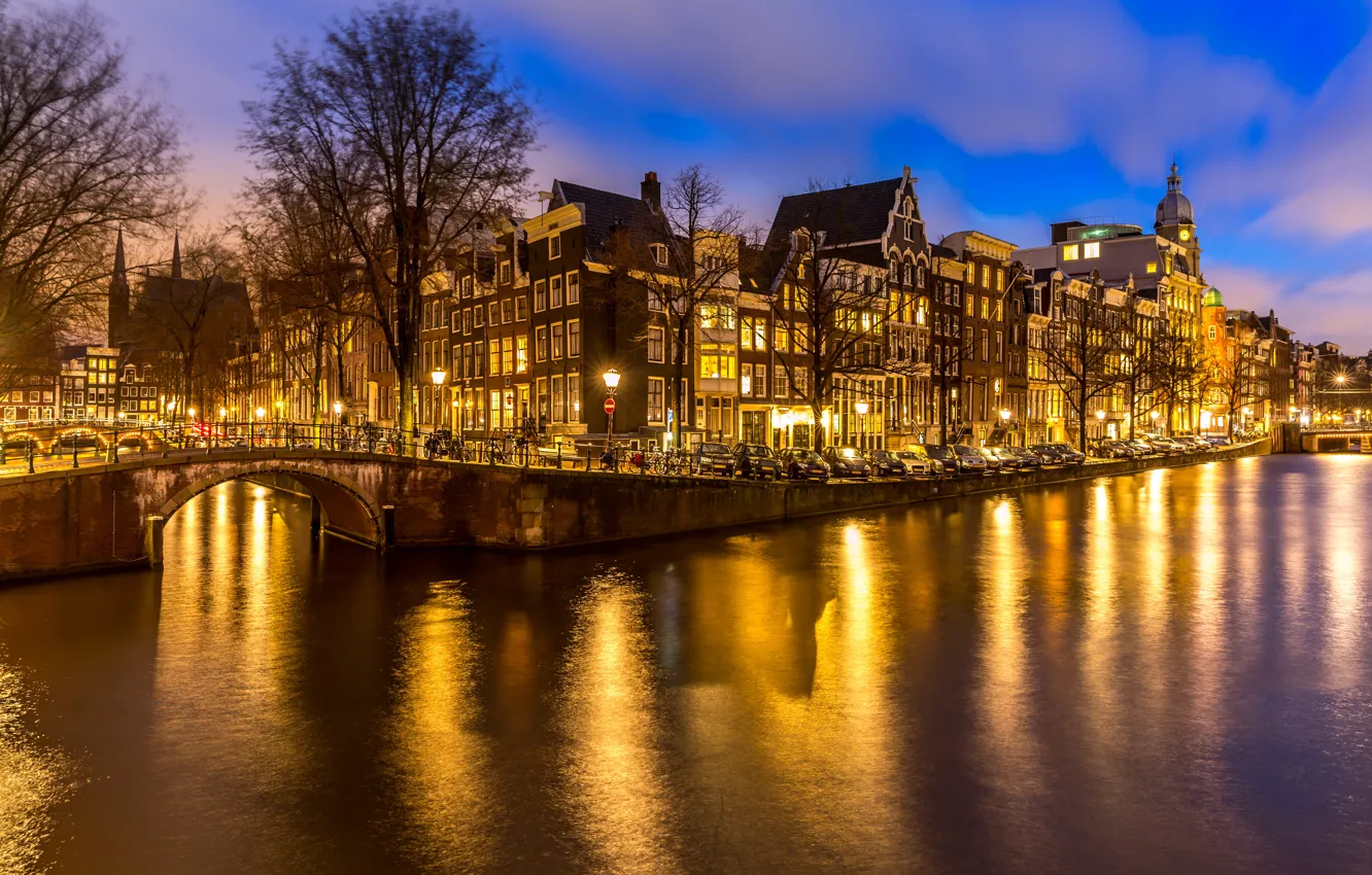 Photo wallpaper night, city, the city, lights, lights, river, Amsterdam, panorama