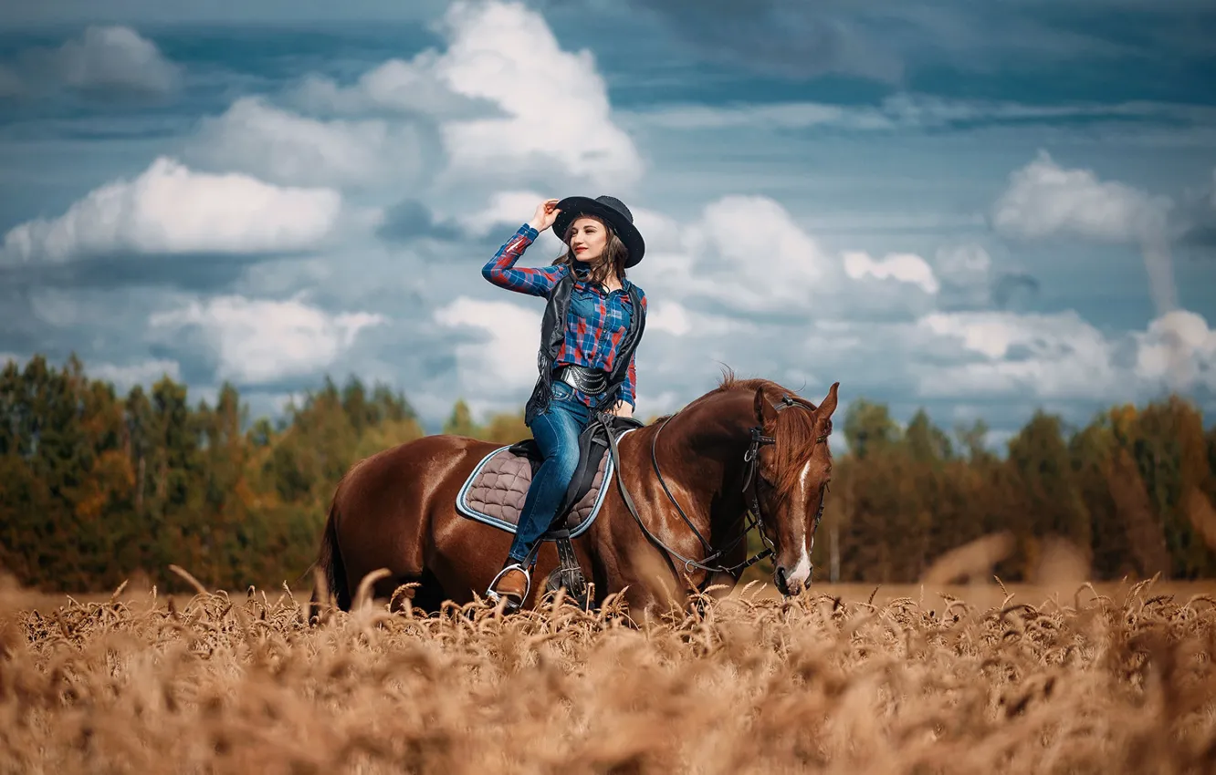 Photo wallpaper field, girl, photo, horse, hat, Novitsky Ilya