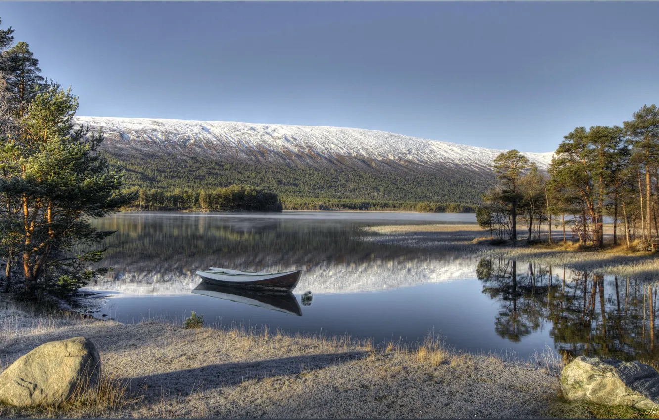 Photo wallpaper landscape, nature, river, boat, HDR, Norway, Lesja
