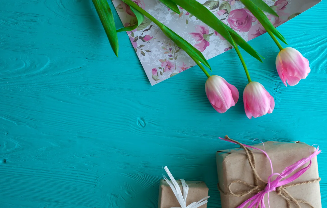 Photo wallpaper flowers, gift, tulips, pink, wood, pink, flowers, romantic
