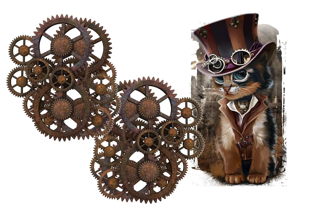 Photo wallpaper cat, mechanism, minimalism, hat, art, glasses, steampunk, children's
