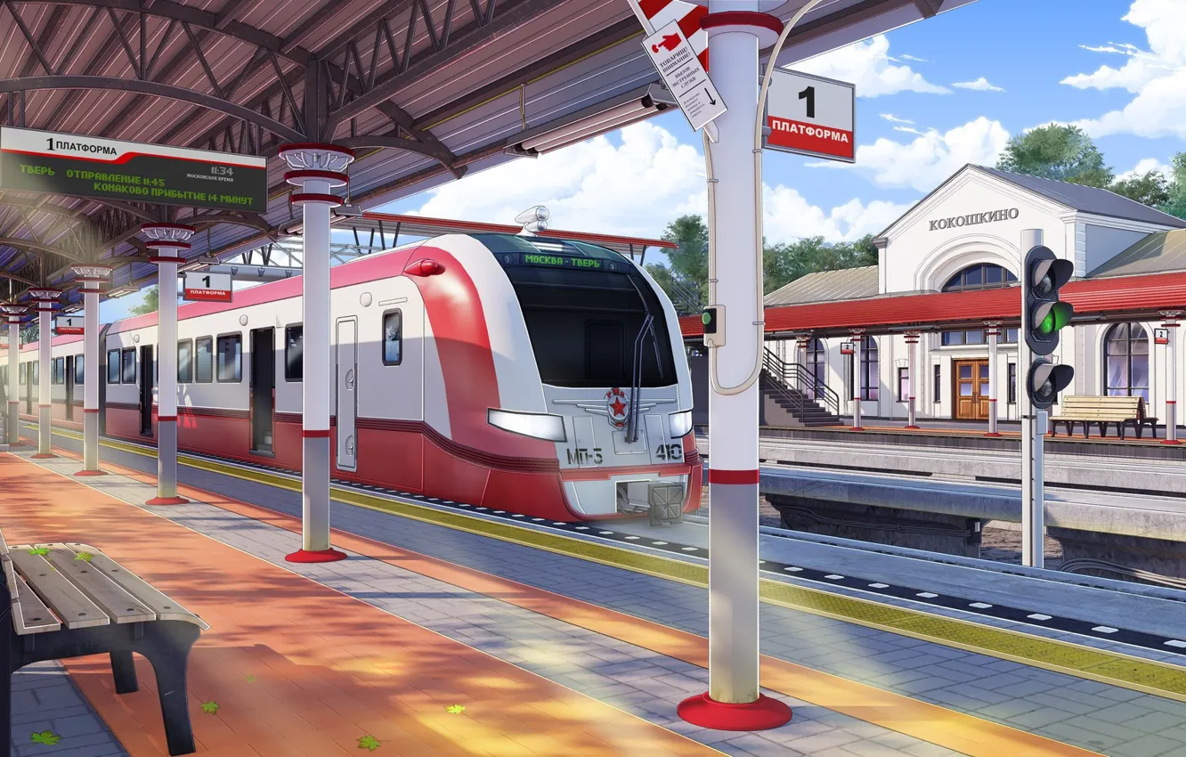 Photo wallpaper station, train, platform, train, Kokoshkino