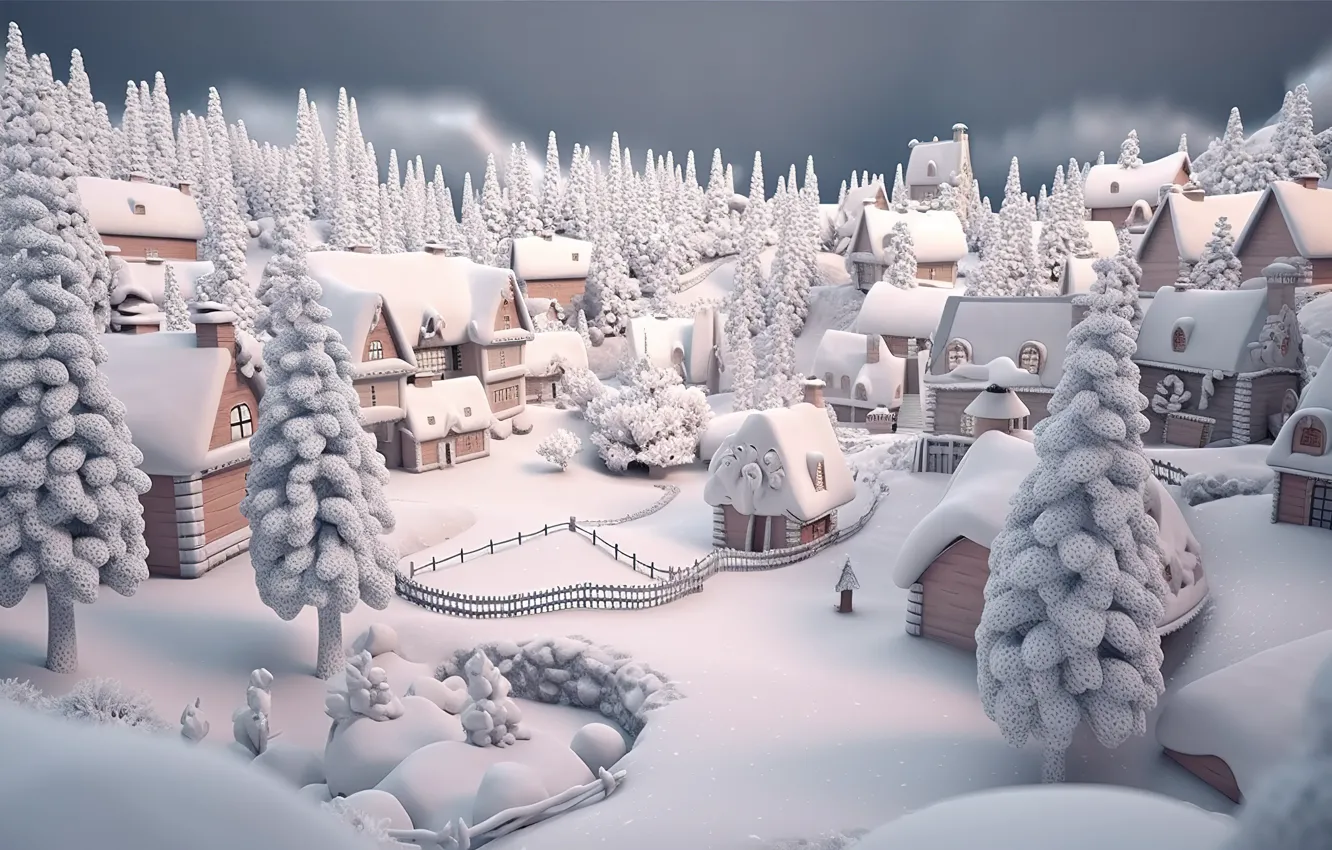 Photo wallpaper winter, snow, lights, tree, New Year, village, Christmas, houses