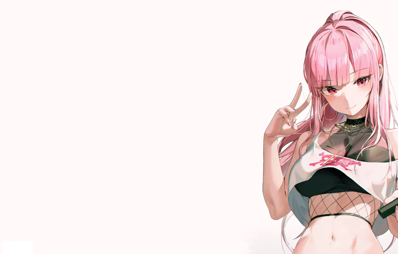 Photo wallpaper sexy, Anime, girls, pink, midriff, peace sign