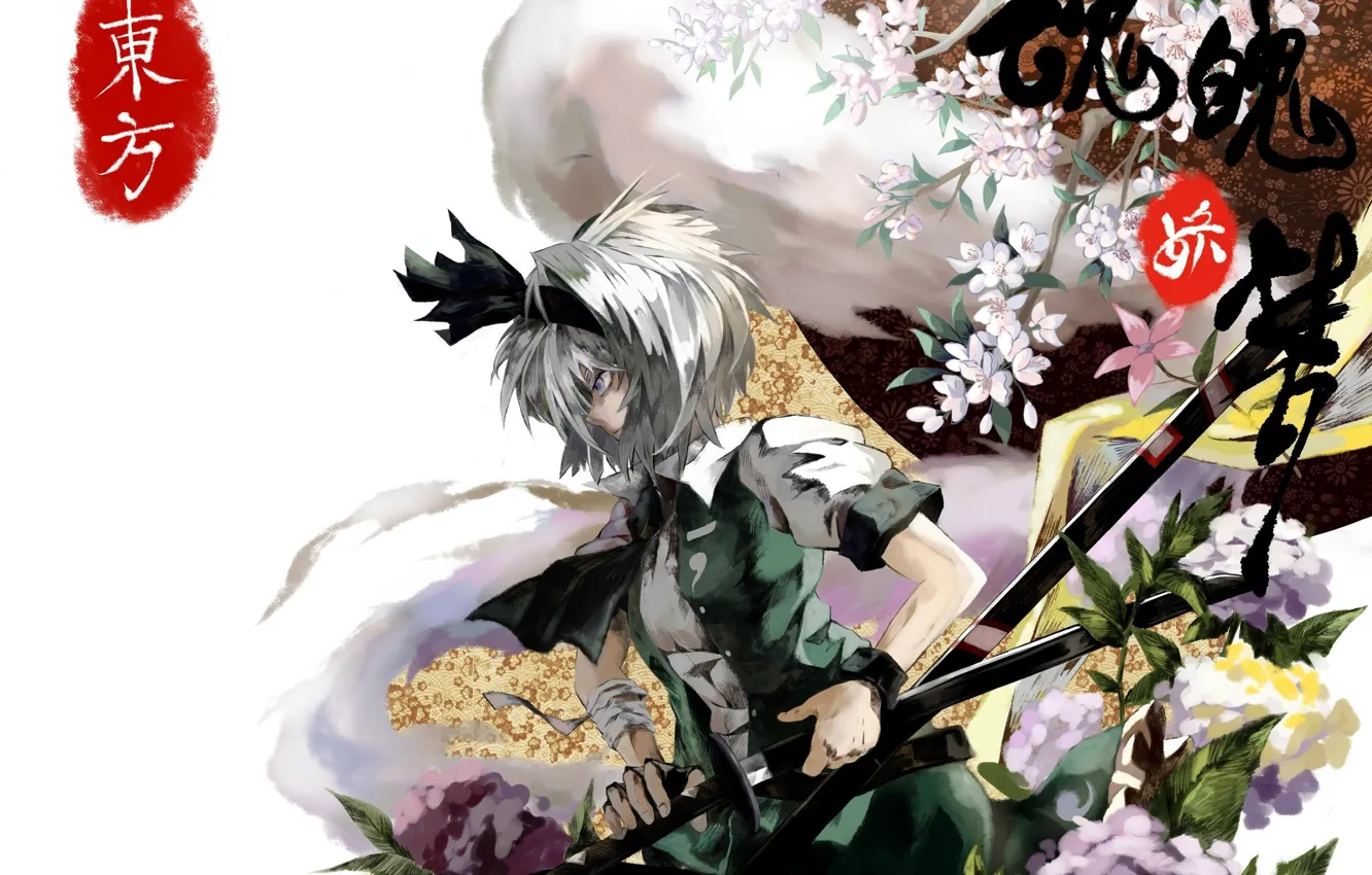 Photo wallpaper spirit, katana, characters, white background, profile, bow, white hair, art